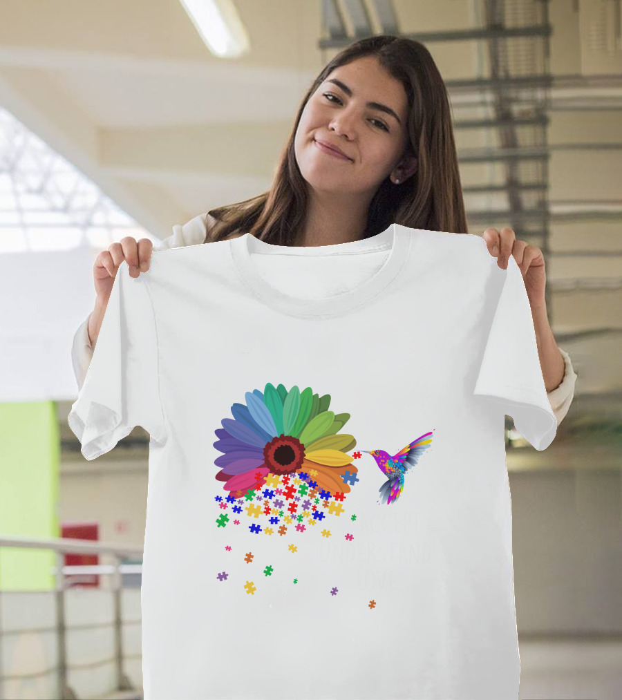 Floral Autism Awareness Flower Hummingbird Puzzle Pieces Accept Understand Love T-Shirt