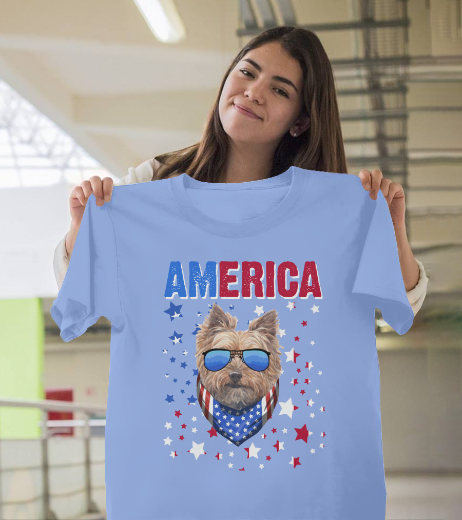 America Yorkshire Terrier Patriotic Bandana Sunglasses Stars T-Shirt