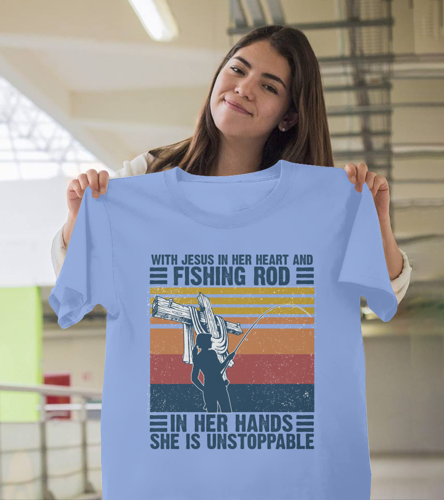 With Jesus In Her Heart and Fishing Rod In Her Hands She Is Unstoppable Vintage Silhouette Retro Stripes T-Shirt