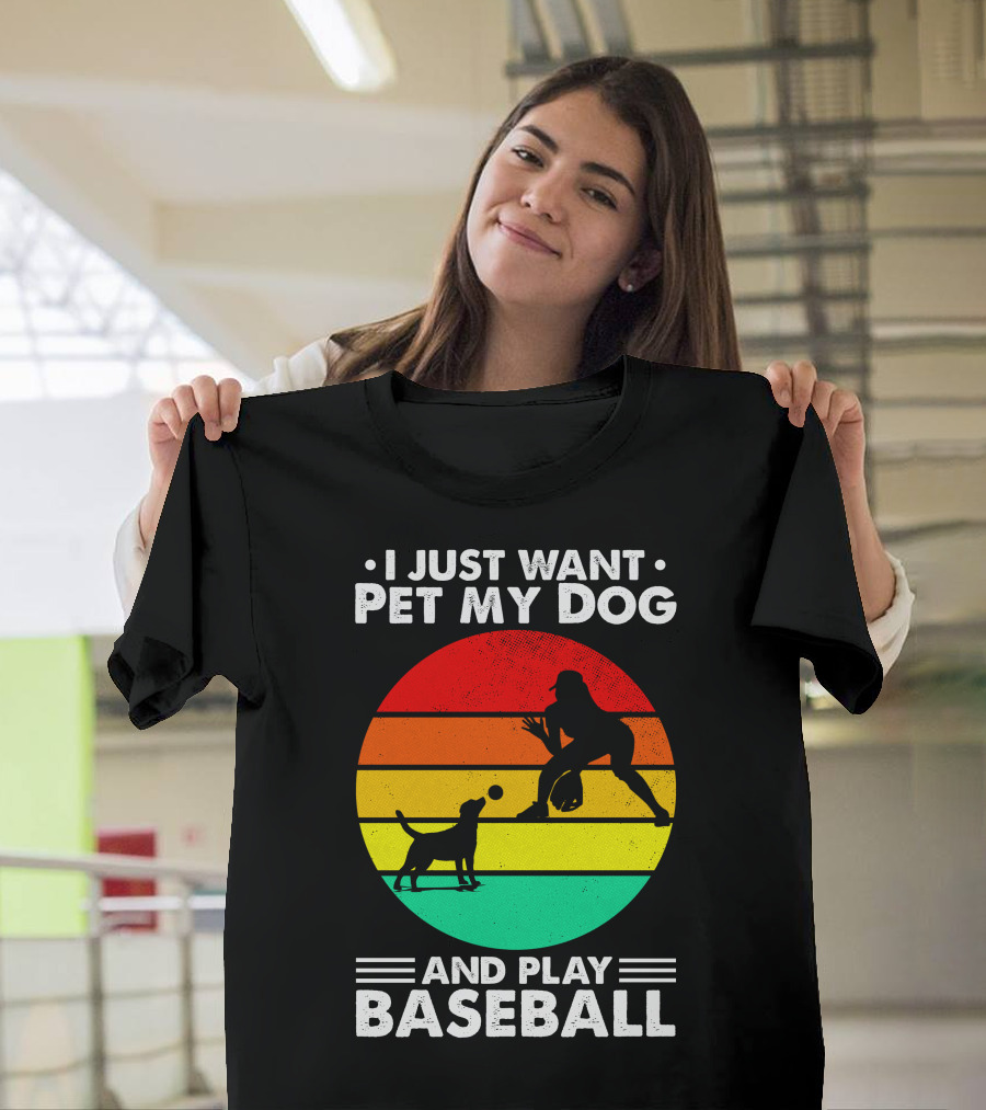 I Just Want to Pet My Dog and Play Baseball Retro Silhouette Sunset T-Shirt