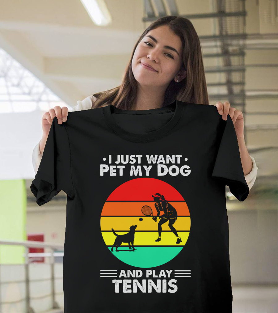 I Just Want to Pet My Dog and Play Tennis Retro Sunset T-Shirt