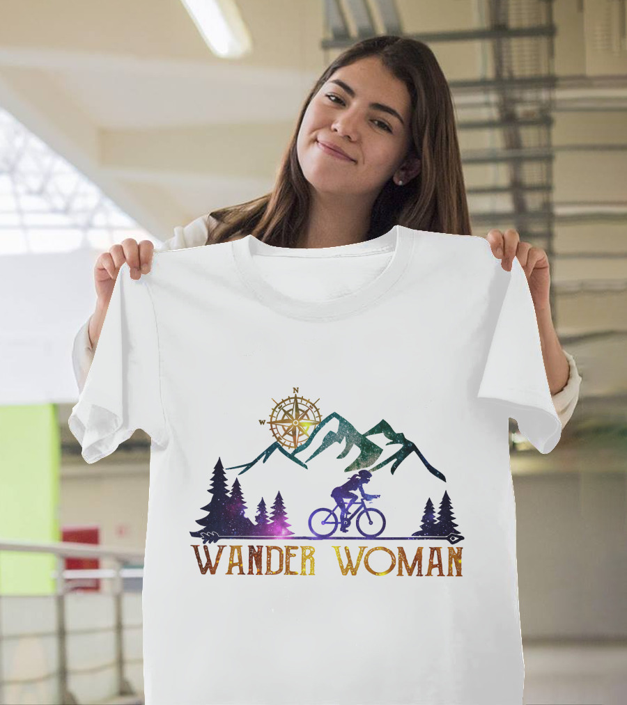 Wander Woman Bicycle Adventure Compass Mountains and Trees T-Shirt