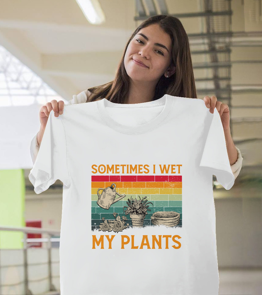 Sometimes I Wet My Plants Vintage Watering Can and Potted Plants Retro Stripes T-Shirt