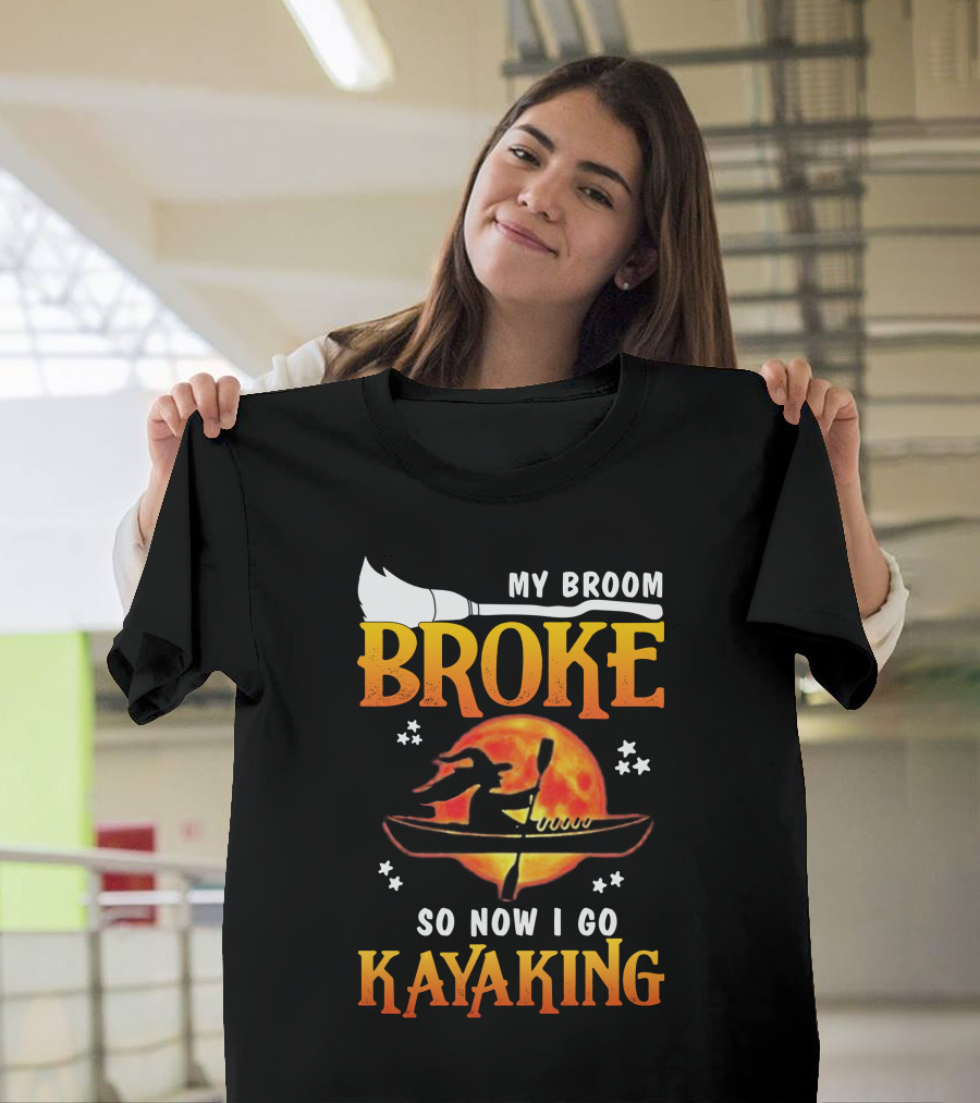 My Broom Broke Witch Kayaking Under Full Moon T-Shirt