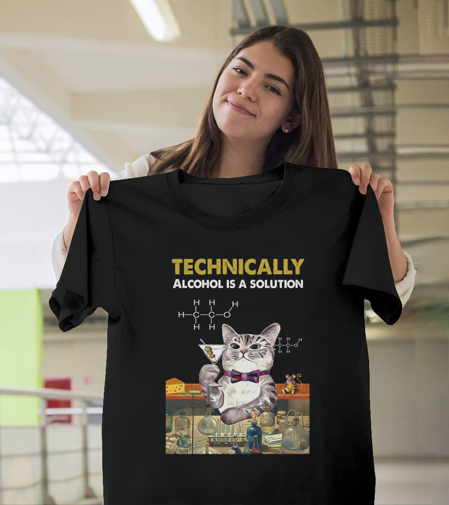Technically Alcohol Is A Solution Chemistry Cat Bow Tie Mouse Lab Elements T-Shirt