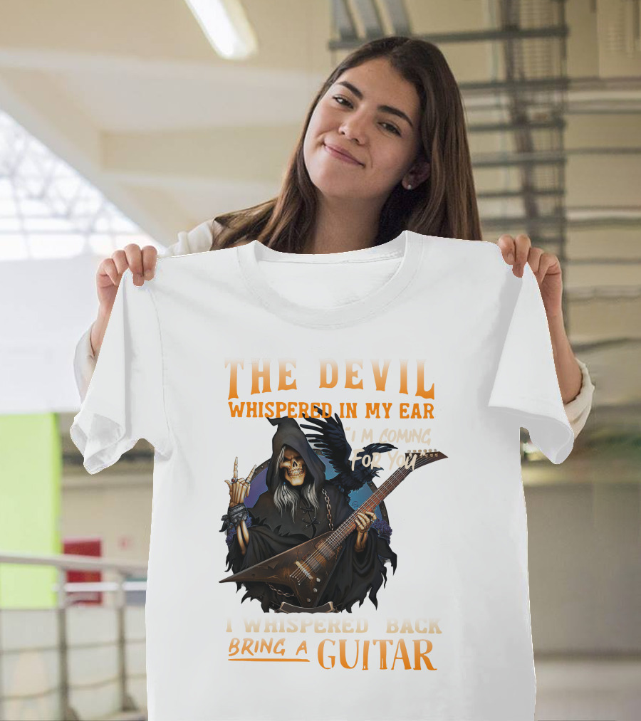 The Devil Whispered In My Ear I'm Coming For You I Whispered Back Bring A Guitar Skeleton in Hood Playing Electric Guitar T-Shirt