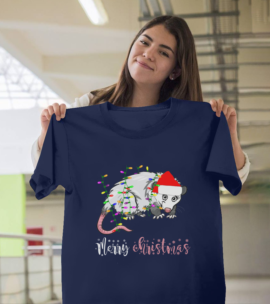 Merry Christmas Funny Opossum with Santa Hat and Lights for Opossum Lover T-Shirt