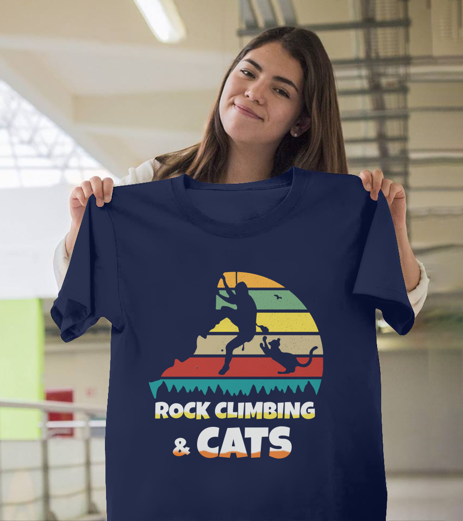 Rock Climbing and Cats Retro Stripes Adventure T-Shirt