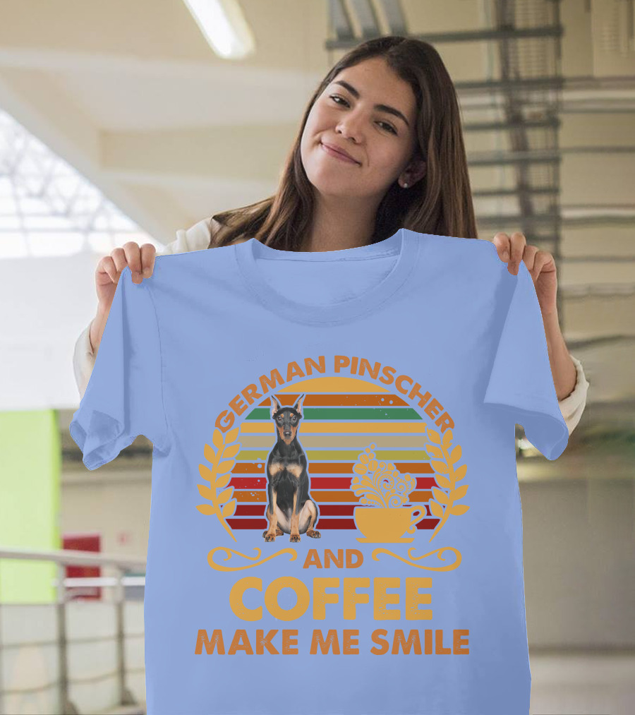 German Pinscher Coffee Make Me Smile Retro Rainbow T-Shirt
