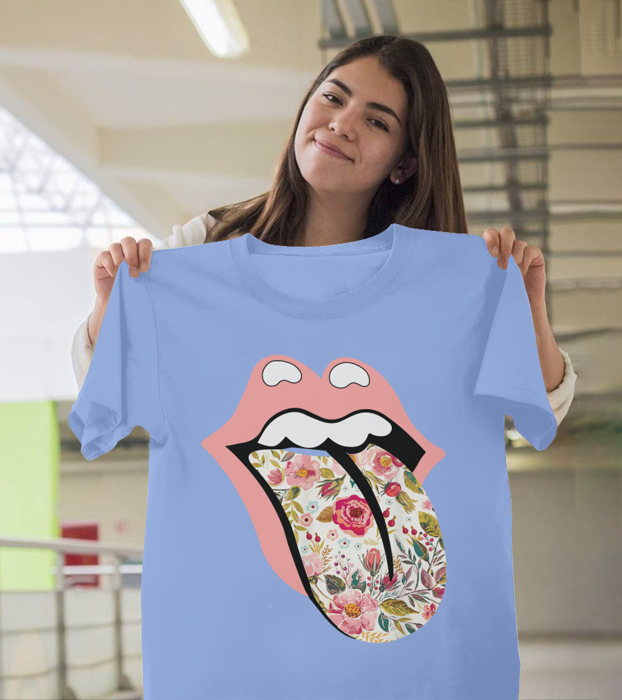 Vintage Rolling The Stone Tongue Floral Hippie Gypsie Soul T-Shirt