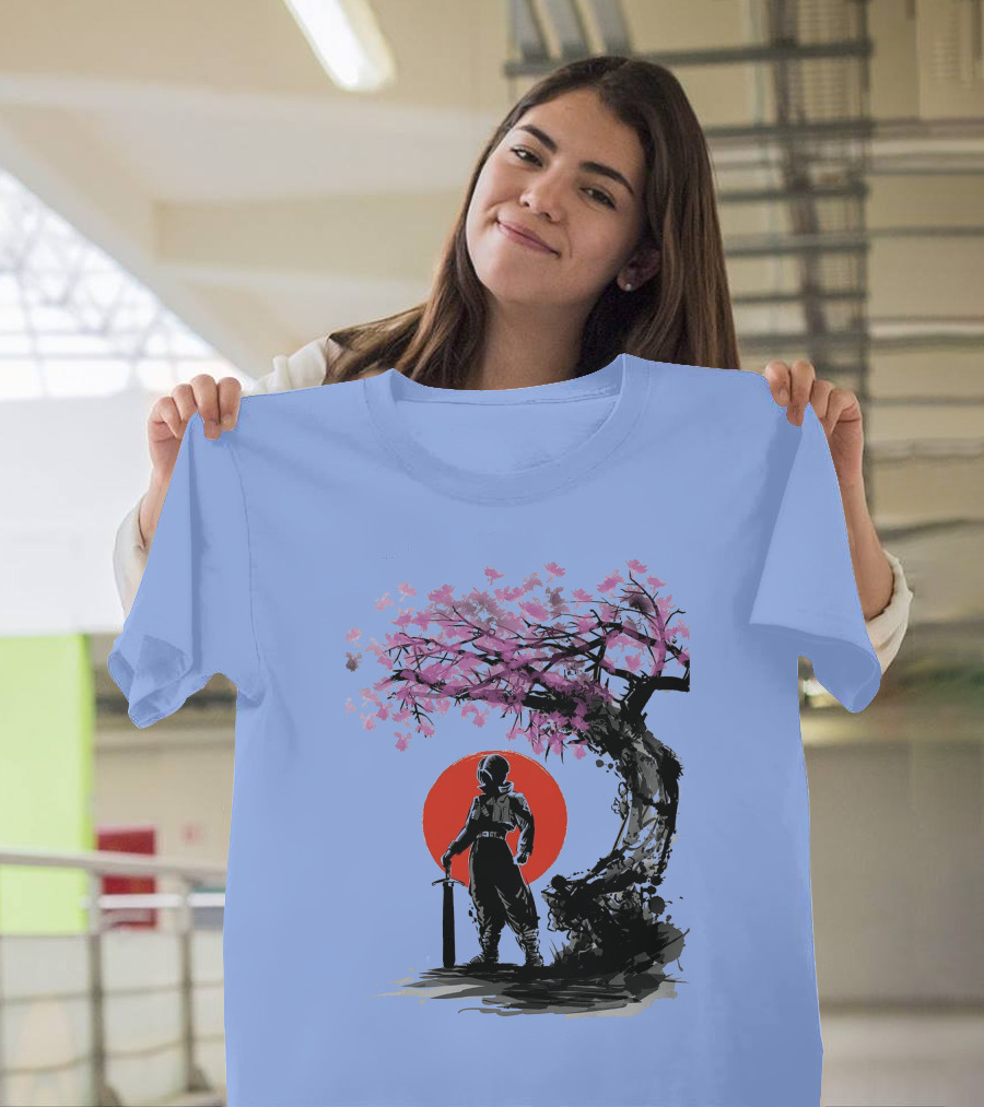 Trunks Hope Under The Sun Cherry Blossom Silhouette with Sword Red Circle Background T-Shirt
