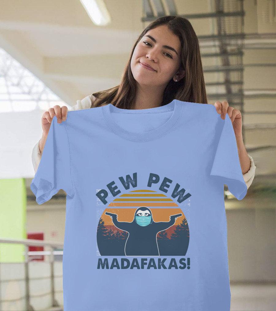 Pew Pew Madafakas Sloth Mask Forest Silhouette Sunset T-Shirt