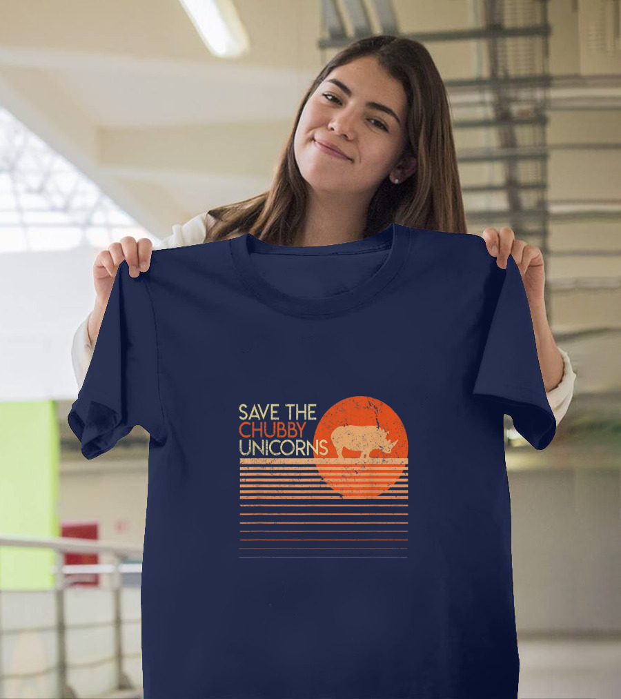Save The Chubby Unicorns Retro Rhino Sunset Stripes T-Shirt