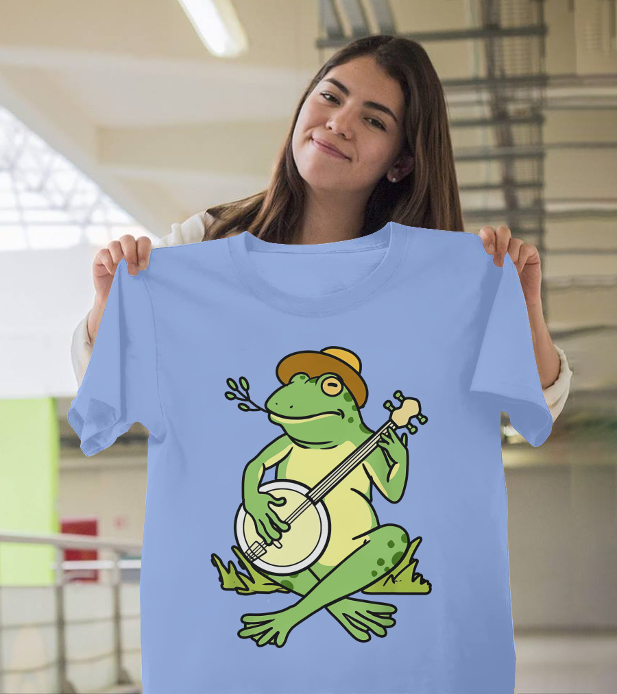 BLACK Frog Playing Banjo Frog Lover Straw Hat Leaves T-Shirt