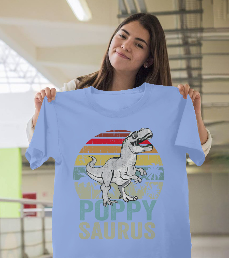 Poppysaurus Rex Dinosaur Poppy Saurus Sunglasses T-Rex Retro Colors Palm Trees T-Shirt