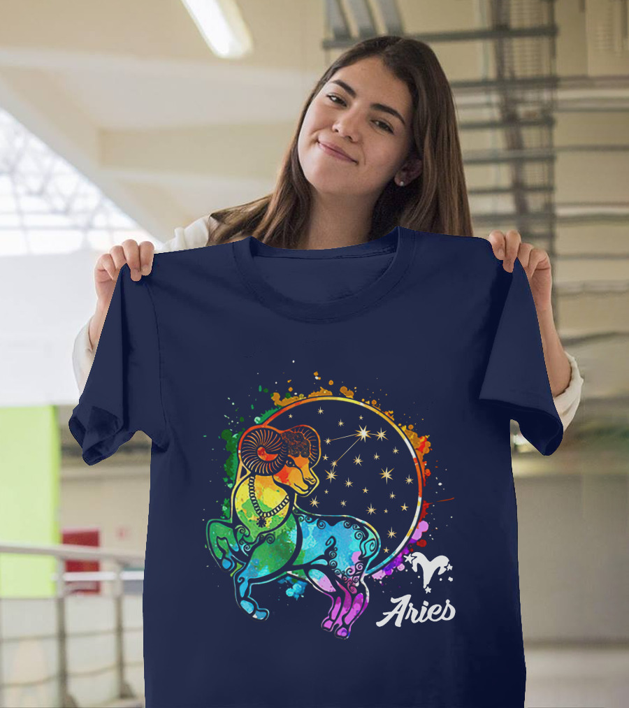 Aries Zodiac Ram with Colorful Constellation T-Shirt