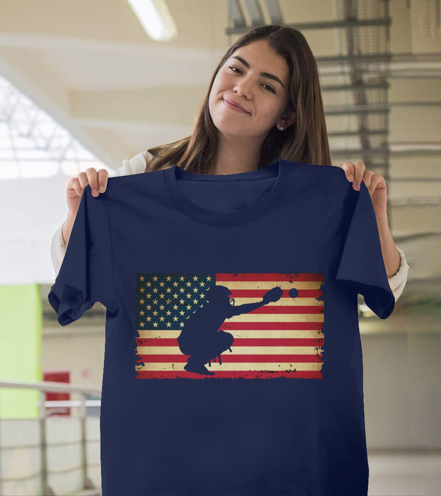 Baseball Catcher Silhouette American Flag Background T-Shirt