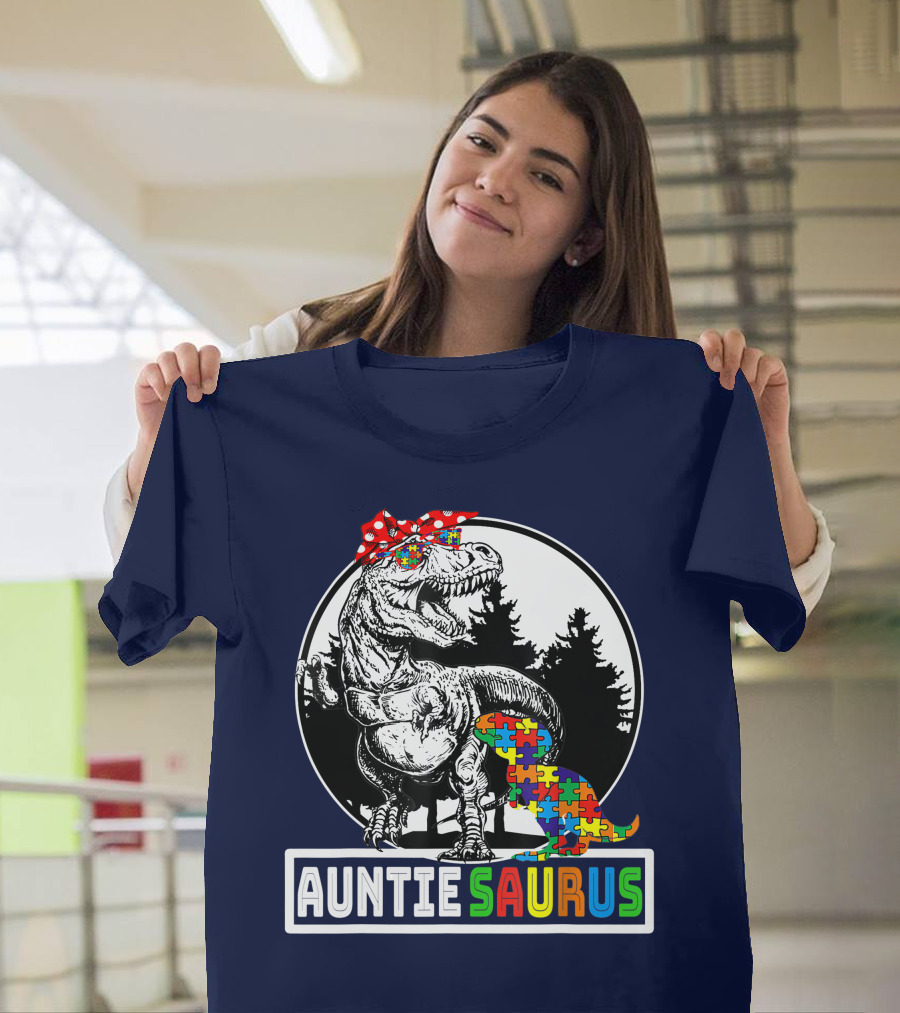 Auntiesaurus Rex Dinosaur Puzzle Pattern with Autism Awareness Saurus T-Shirt