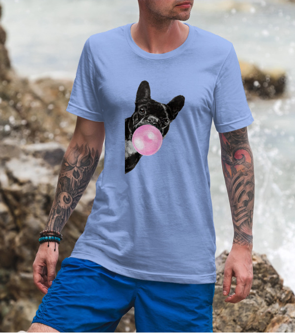 Sneaky French Bulldog Blowing Bubble Gum In Green Tint T-Shirt