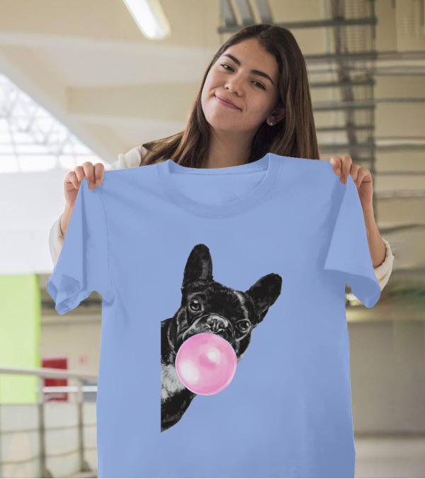 Sneaky French Bulldog Blowing Bubble Gum In Green Tint T-Shirt