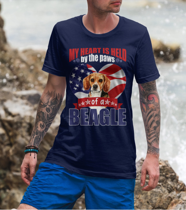 MY HEART IS HELD BY THE PAWS OF A BEAGLE AMERICAN FLAG HEART T-Shirt