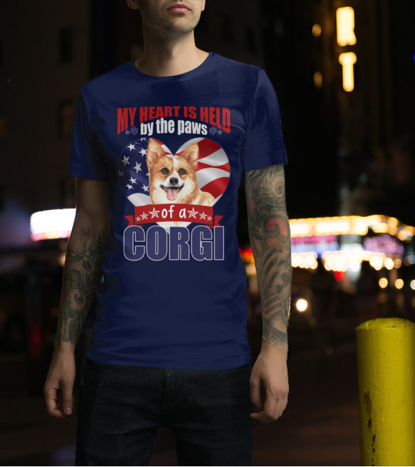 MY HEART IS HELD BY THE PAWS OF A CORGI AMERICAN FLAG HEART T-Shirt