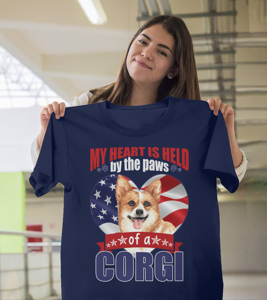 MY HEART IS HELD BY THE PAWS OF A CORGI AMERICAN FLAG HEART T-Shirt