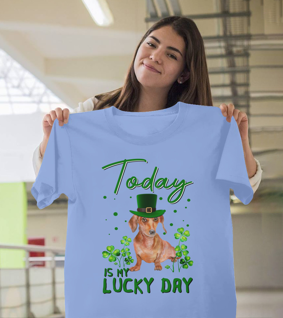 Dachshund Lucky Day with Leprechaun Hat and Shamrocks T-Shirt