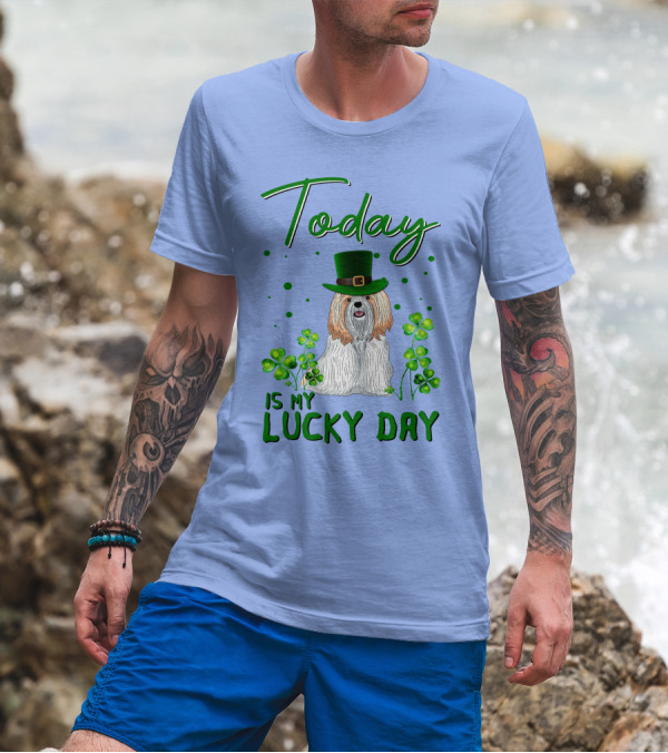Today Is My Lucky Day Shih Tzu With Shamrocks And Green Hat T-Shirt