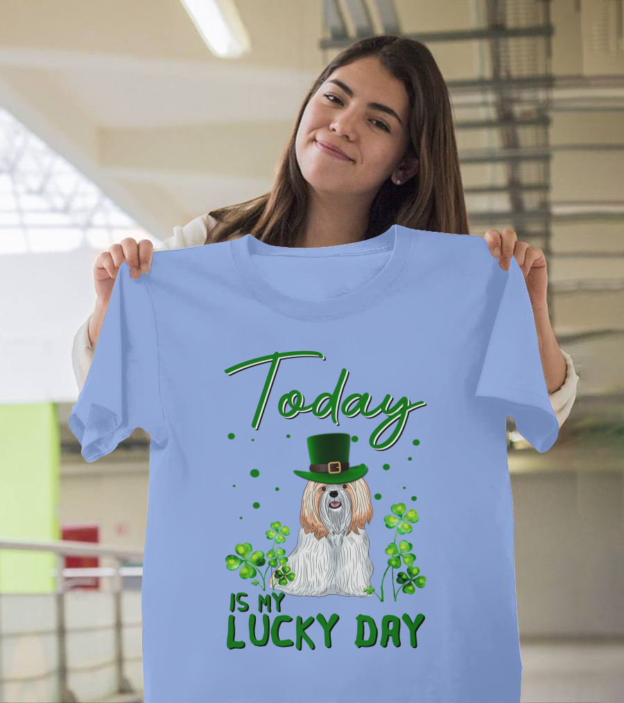 Today Is My Lucky Day Shih Tzu with Shamrocks and Green Hat T-Shirt