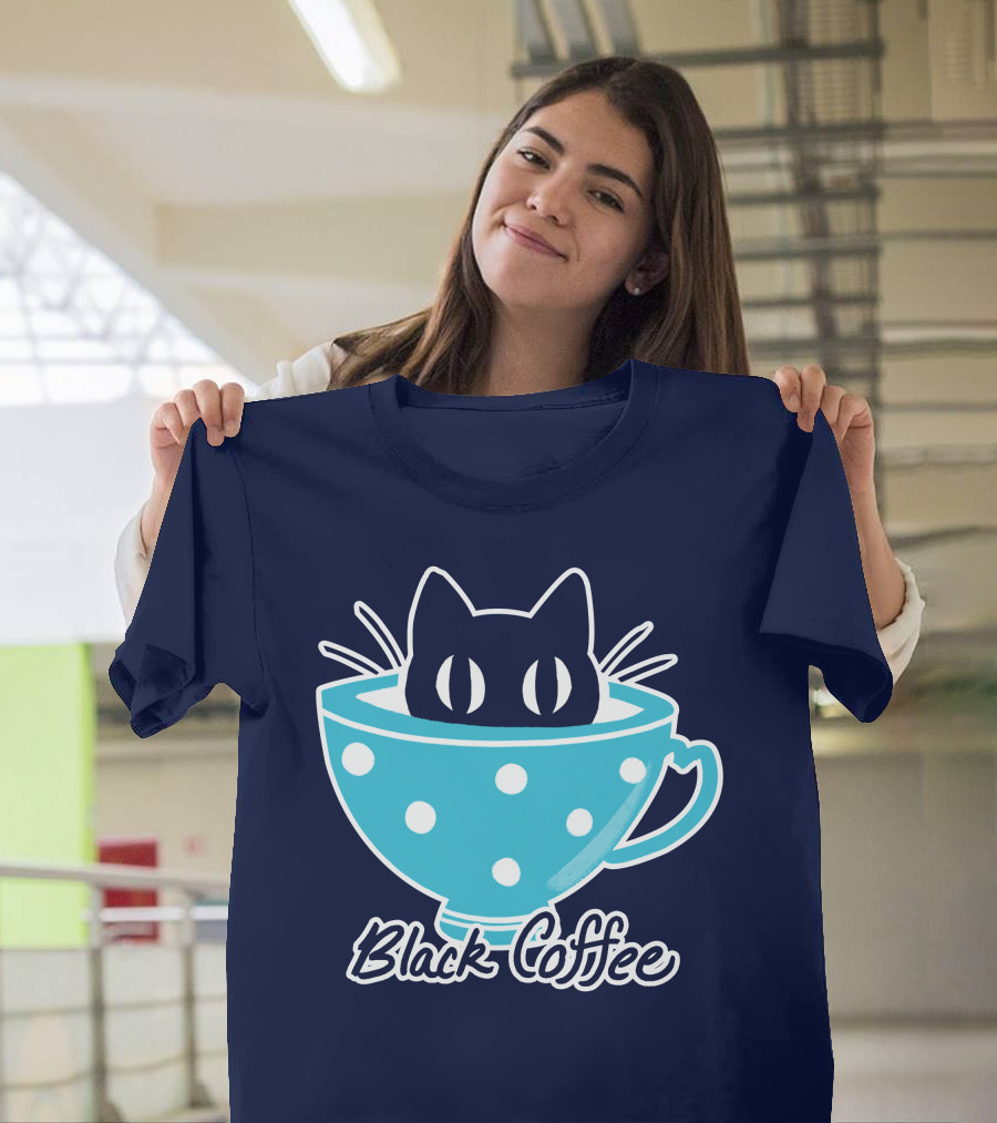 Black Coffee Cat in Blue Polka Dot Teacup T-Shirt