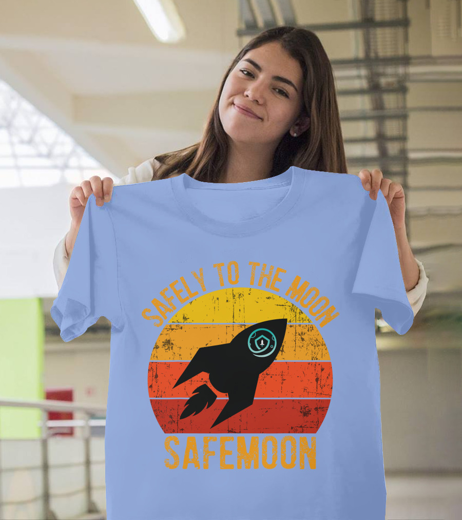 Safemoon Safely to the Moon Crypto Vintage Rocket Sunset Background T-Shirt