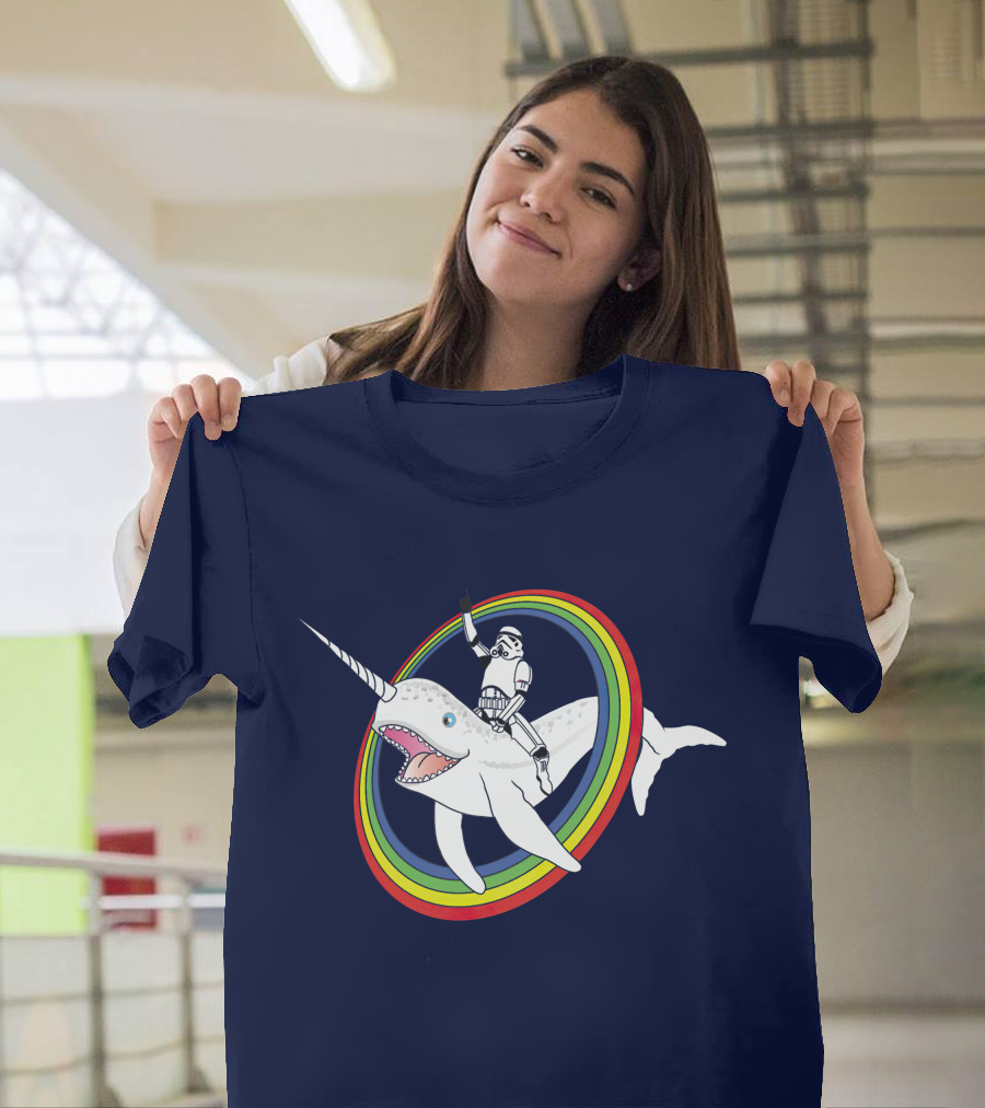 Narwhal Rainbow Stormtrooper Riding Through Colorful Circle T-Shirt