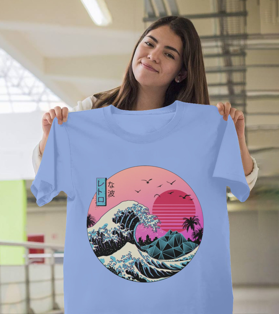 The Great Wave Retro Sunset with Palm Trees and Geometric Shapes in Japanese T-Shirt