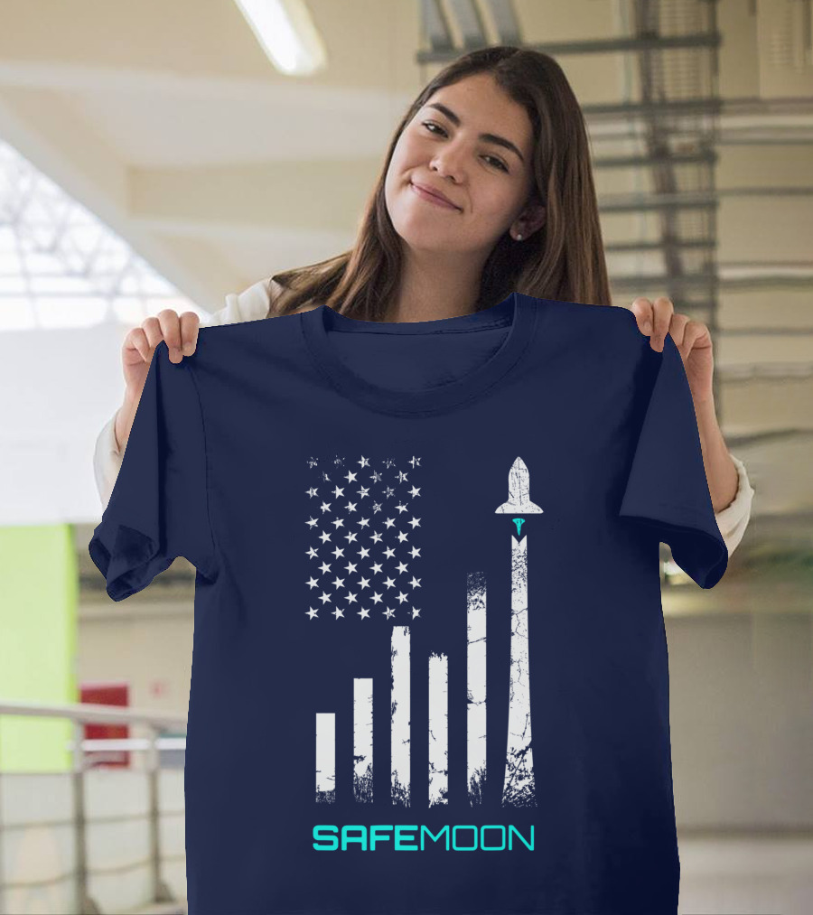 Safemoon Crypto Coin Cryptocurrency To The Moon Blockchain American Flag Rocket Launch T-Shirt