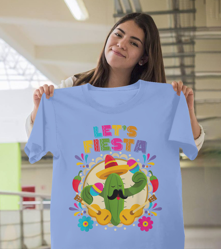 Let's Fiesta Cinco De Mayo Cactus with Sombrero and Guitars T-Shirt