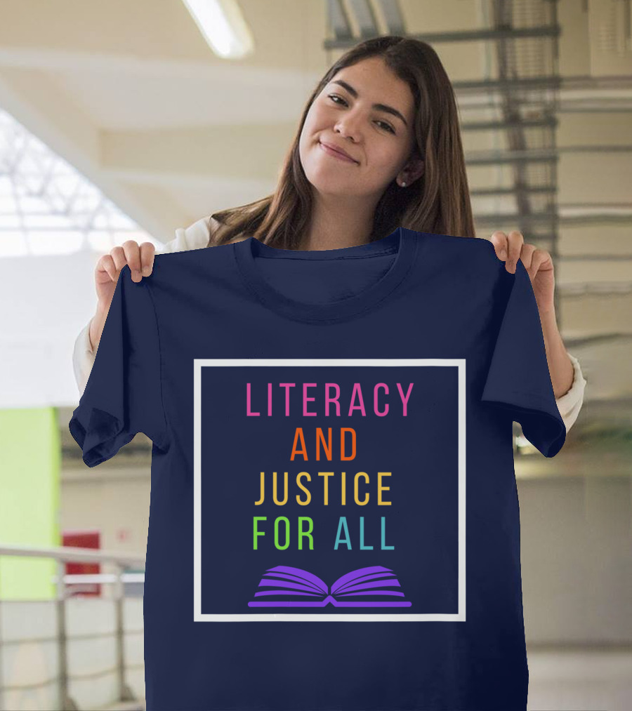 Literacy And Justice For All Open Book Rainbow Colors T-Shirt
