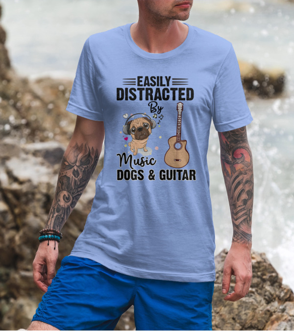 Easily Distracted By Music Dogs And Guitar Bulldog With Headphones And Notes T-Shirt
