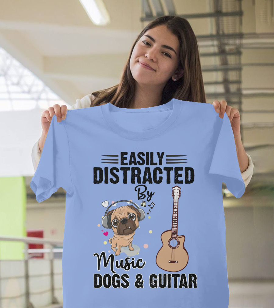 Easily Distracted By Music Dogs and Guitar Bulldog with Headphones and Notes T-Shirt