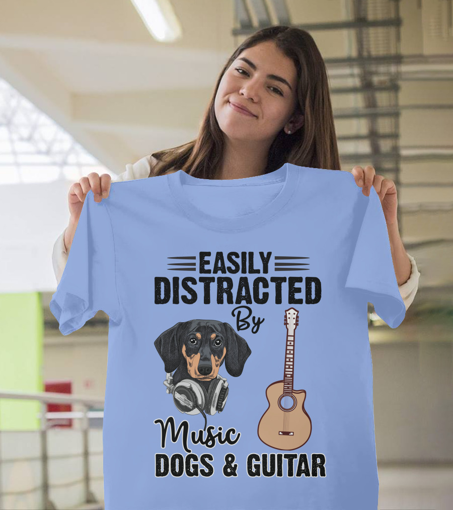 Easily Distracted By Music Dogs and Guitar Dachshund T-Shirt