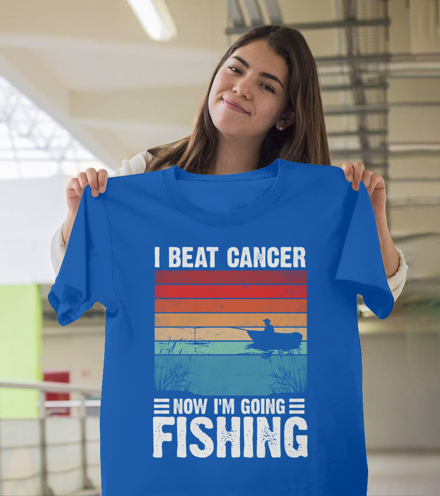 I Beat Cancer Now I'm Going Fishing Vintage Sunset Rowboat T-Shirt
