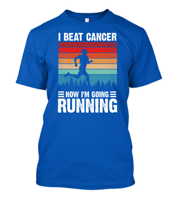 I Beat Cancer Now I'm Going Running Silhouette Forest Sunset Stripes T-Shirt