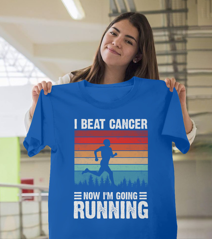 I Beat Cancer Now I'm Going Running Silhouette Forest Sunset Stripes T-Shirt