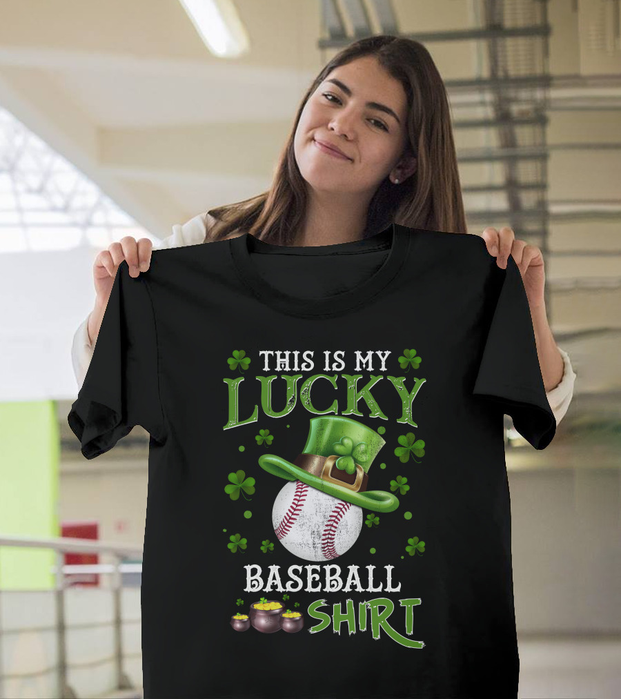 This Is My Lucky Baseball Shirt St. Patrick's Day Theme with Shamrocks and Leprechaun Hat T-Shirt