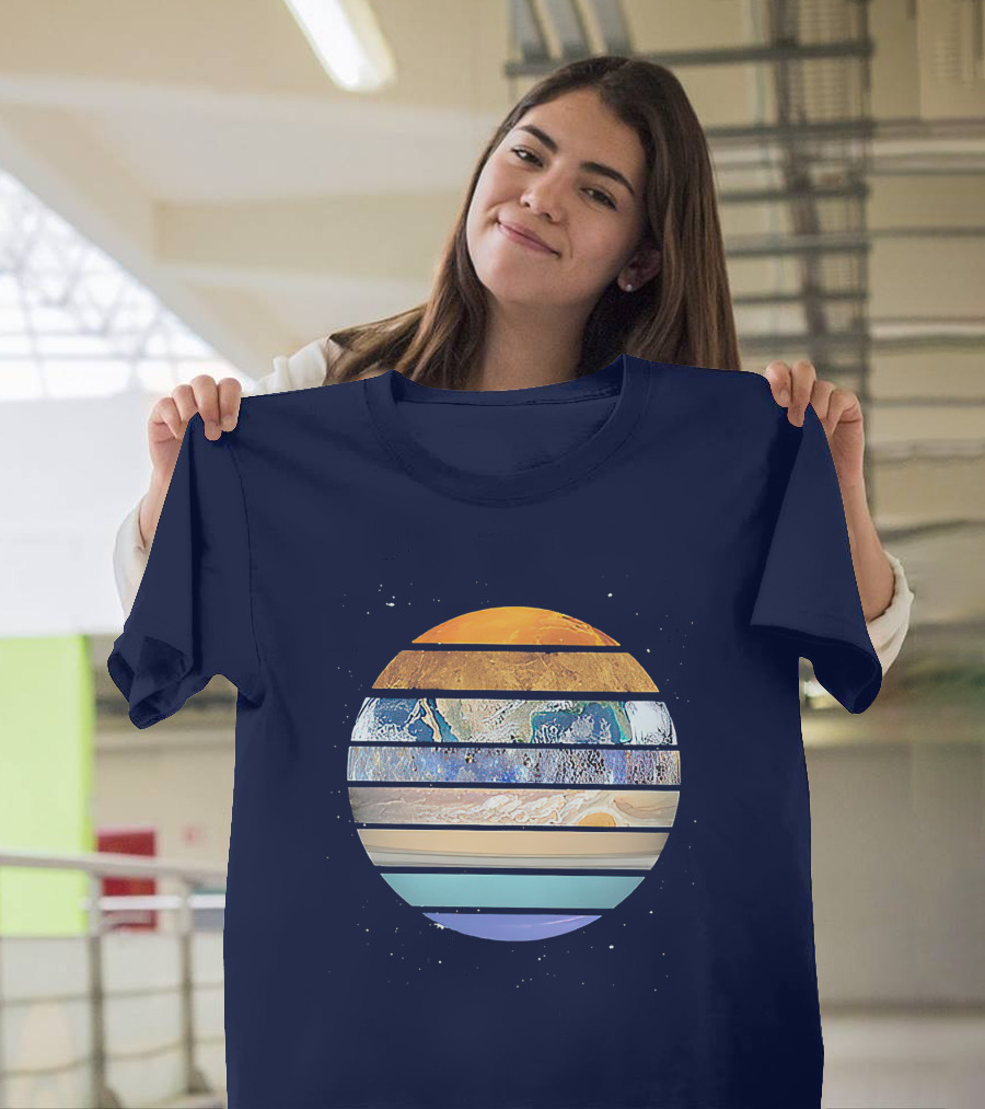 Navy Planetary Stripes in Solar System T-Shirt