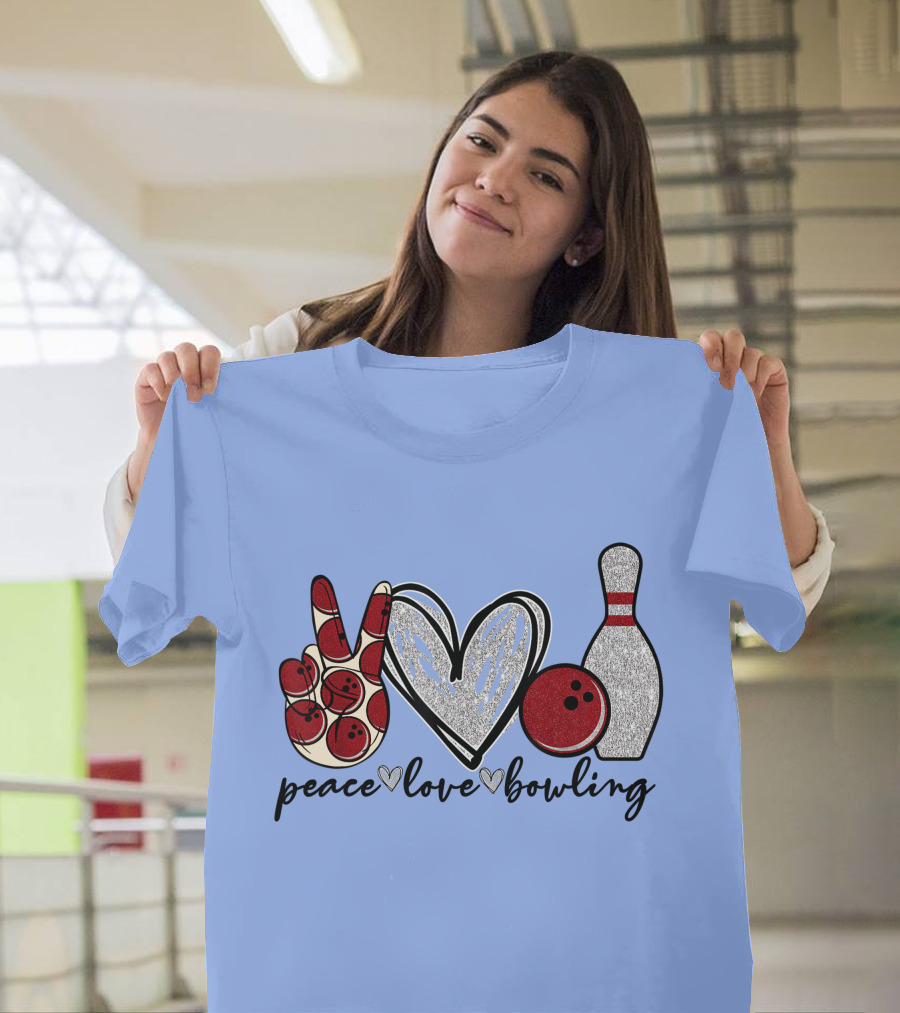Peace Love Bowling Funny Bowling Lover Bowling Pins Glitter Bowling Ball T-Shirt