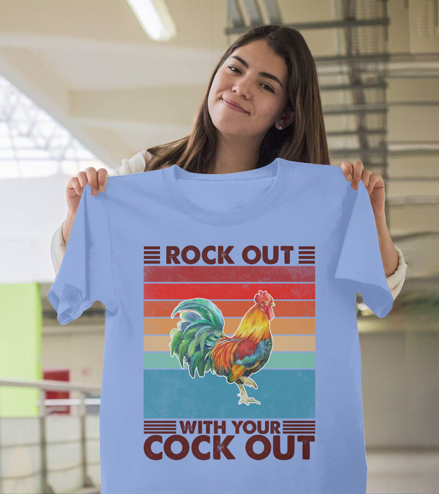 ROCK OUT WITH YOUR COCK OUT Retro Rooster Rainbow Stripes T-Shirt