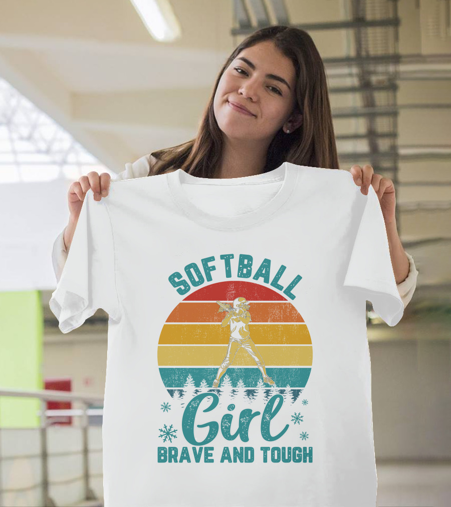 Softball Girl Brave and Tough Retro Sunset T-Shirt