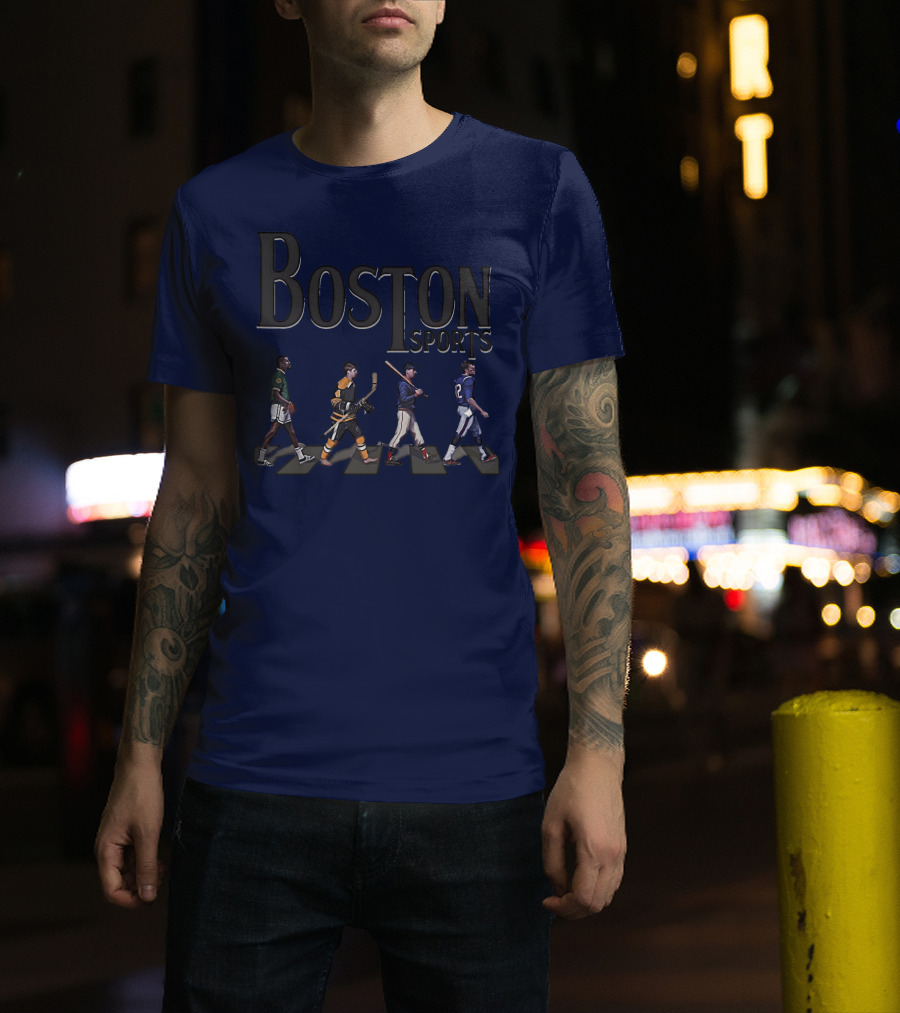 Boston Sports Evolution Inspired By Iconic Athletes In Green Basketball, Yellow Hockey, Baseball, And Blue Football Jerseys T-Shirt