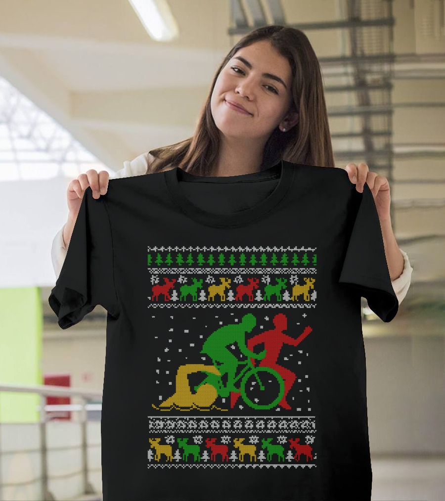 Merry Christmas Triathlon Ugly Sweater Swim Bike Run Festive Reindeer Holiday T-Shirt